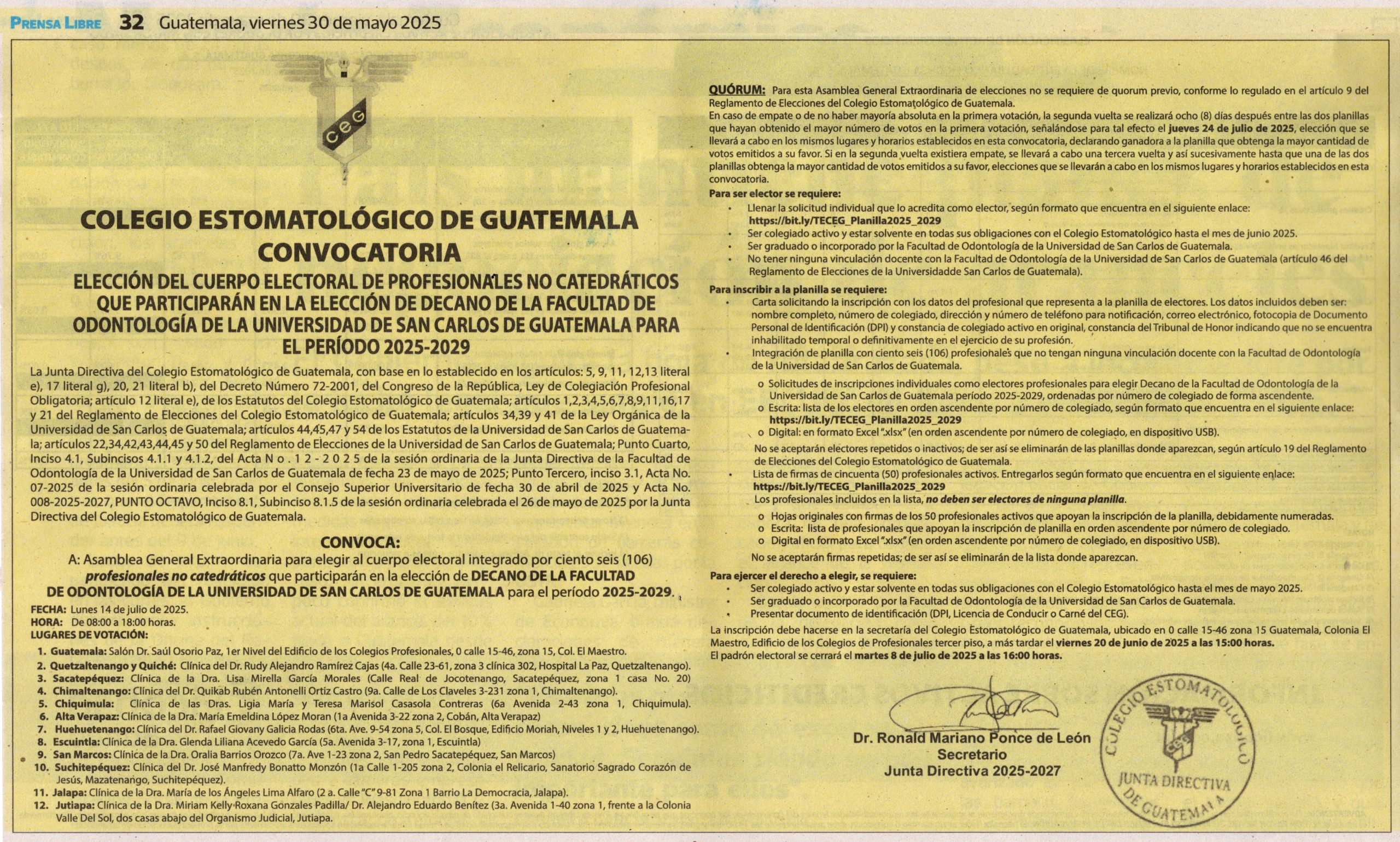 Elección del cuerpo electoral de profesionales no catedráticos