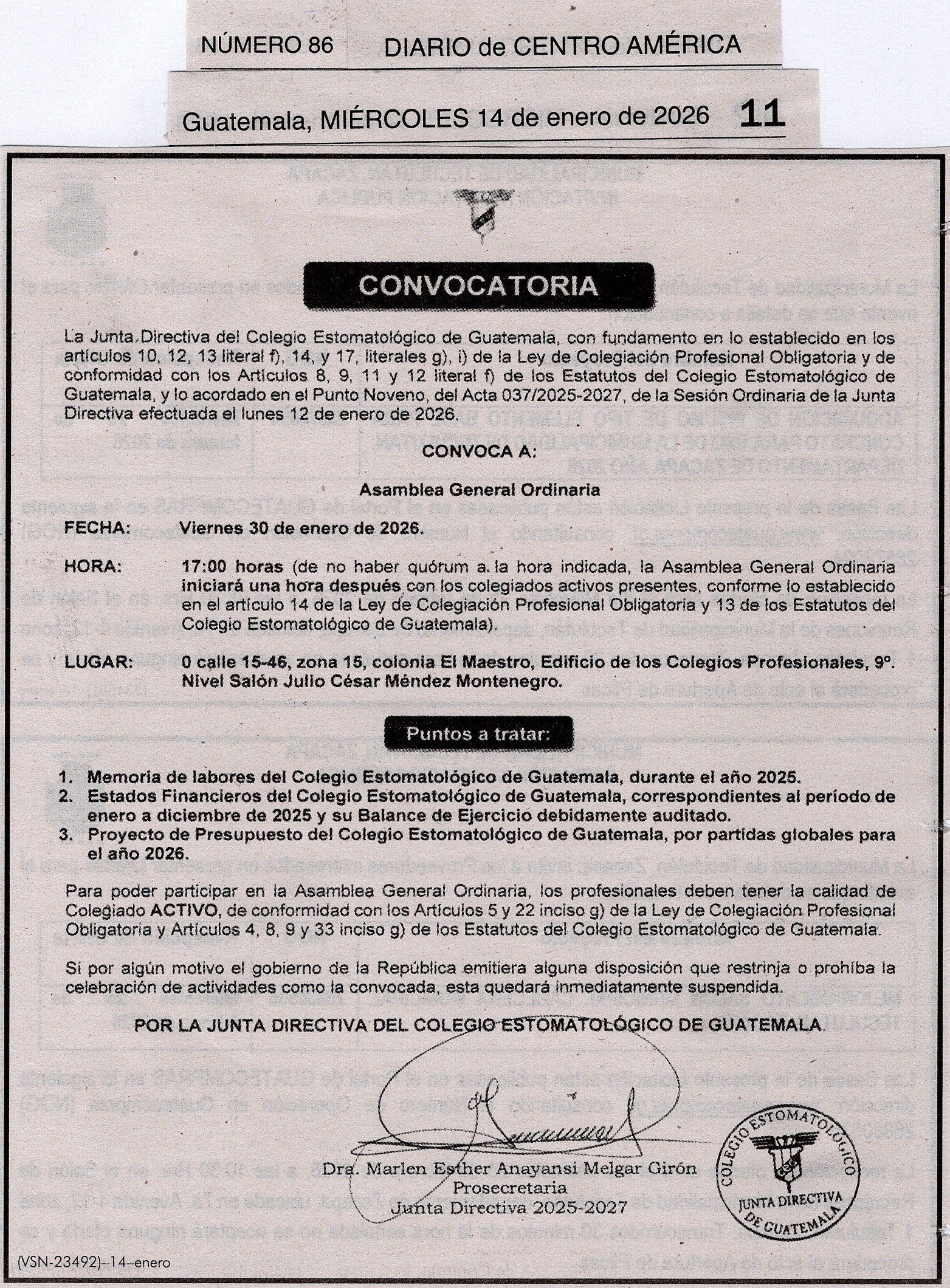 Asamblea General Ordinaria 30 de enero 2026