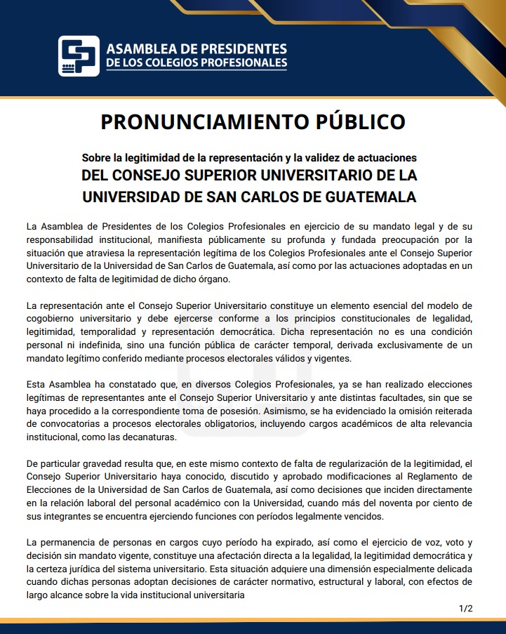 Pronunciamiento público de la Asamblea de Presidentes de los Colegios Profesionales