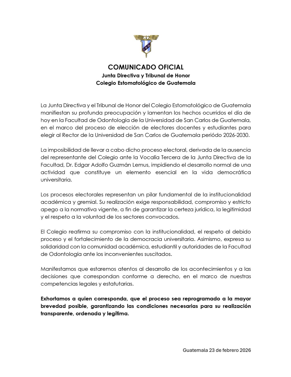 Comunicado Oficial 23 de febrero 2026