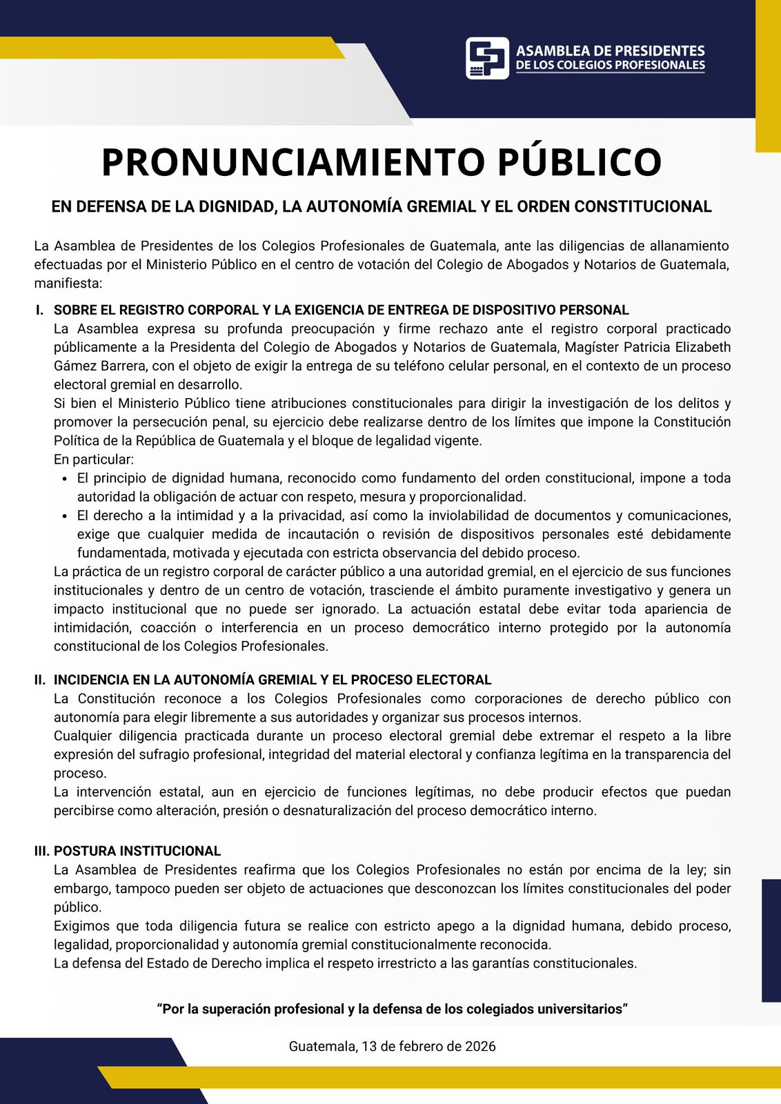 Pronunciamiento público de la Asamblea de Presidentes de los Colegios Profesionales